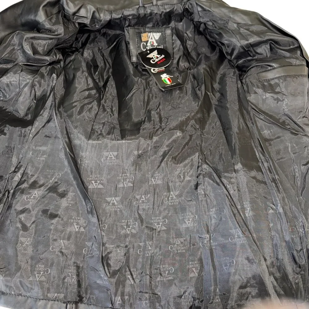 New A Collezioni Black Leather Jacket Button Front‎ Size M Italy